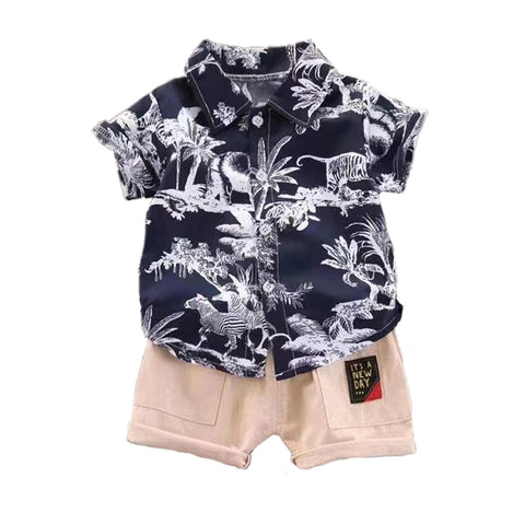 Kid’s Floral Leafy Jungle Print Boys Latest Uptown Half Sleeve Shirt & Shorts for Infant Toddler Tween Boys