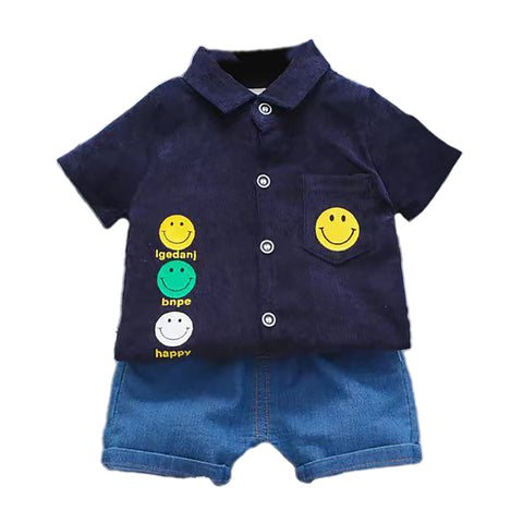 Kid’s Smiley Happy Face Print Boys Corduroy Shirt & Denim Shorts for Infant Toddler Tween Boys