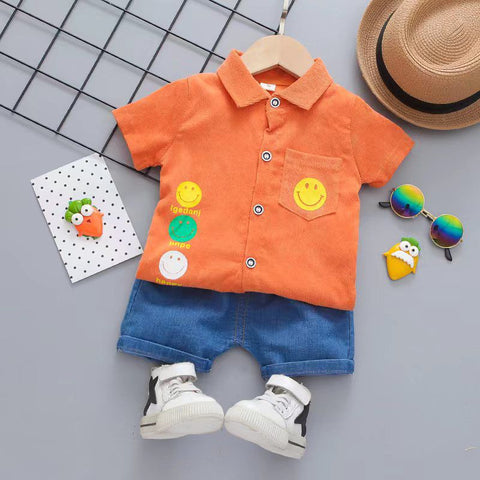 Kid’s Smiley Happy Face Print Boys Corduroy Shirt & Denim Shorts for Infant Toddler Tween Boys