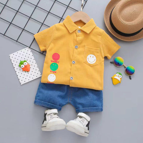Kid’s Smiley Happy Face Print Boys Corduroy Shirt & Denim Shorts for Infant Toddler Tween Boys