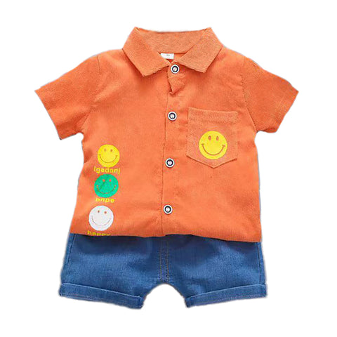 Kid’s Smiley Happy Face Print Boys Corduroy Shirt & Denim Shorts for Infant Toddler Tween Boys
