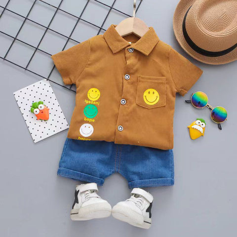 Kid’s Smiley Happy Face Print Boys Corduroy Shirt & Denim Shorts for Infant Toddler Tween Boys