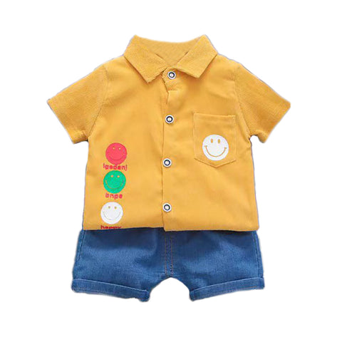Kid’s Smiley Happy Face Print Boys Corduroy Shirt & Denim Shorts for Infant Toddler Tween Boys