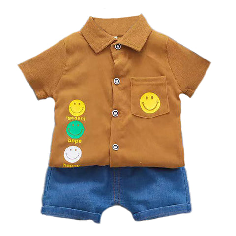 Kid’s Smiley Happy Face Print Boys Corduroy Shirt & Denim Shorts for Infant Toddler Tween Boys