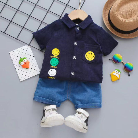 Kid’s Smiley Happy Face Print Boys Corduroy Shirt & Denim Shorts for Infant Toddler Tween Boys