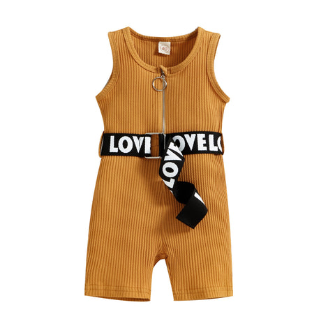 Girl's Sleeveless Monochrome Jumpsuit Zipper Ribbed Playsuit Romper With Letter Print Belt