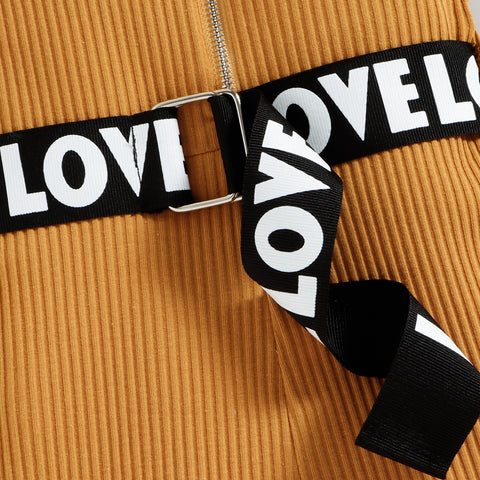 Girl's Sleeveless Monochrome Jumpsuit Zipper Ribbed Playsuit Romper With Letter Print Belt