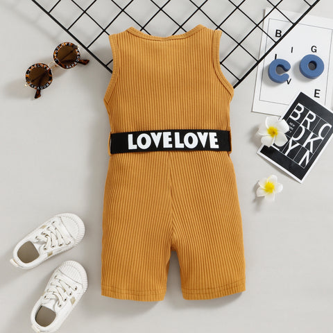 Girl's Sleeveless Monochrome Jumpsuit Zipper Ribbed Playsuit Romper With Letter Print Belt