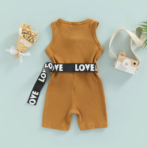 Girl's Sleeveless Monochrome Jumpsuit Zipper Ribbed Playsuit Romper With Letter Print Belt