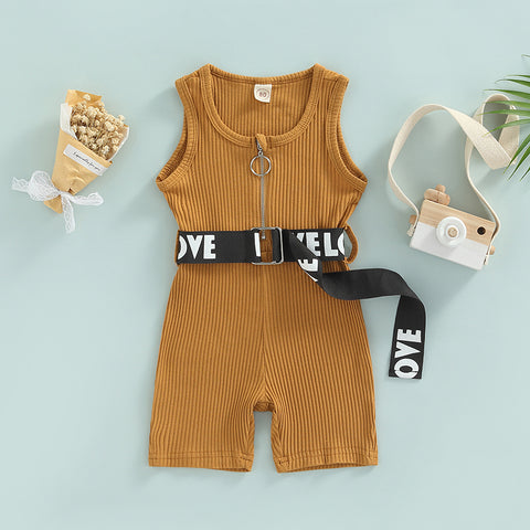 Girl's Sleeveless Monochrome Jumpsuit Zipper Ribbed Playsuit Romper With Letter Print Belt