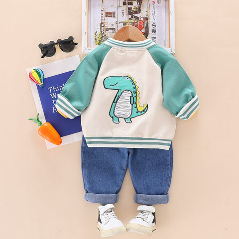 Kids Winter Full Sleeve Dinosaur T-shirt with Jacket & Jeans Pant 3 Piece Party Dress for Boys
