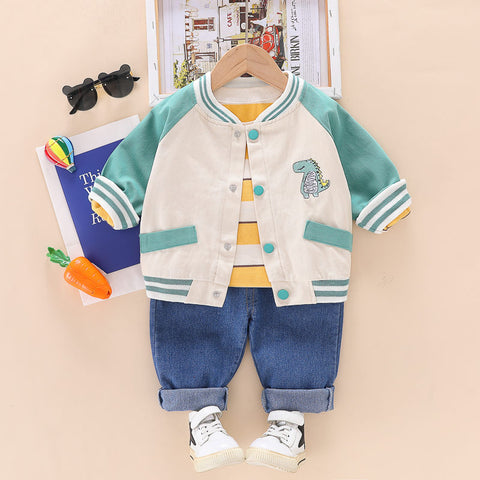 Kids Winter Full Sleeve Dinosaur T-shirt with Jacket & Jeans Pant 3 Piece Party Dress for Boys