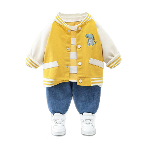 Kids Winter Full Sleeve Dinosaur T-shirt with Jacket & Jeans Pant 3 Piece Party Dress for Boys