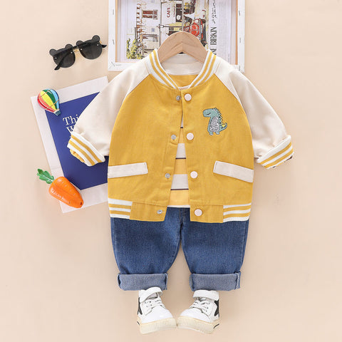 Kids Winter Full Sleeve Dinosaur T-shirt with Jacket & Jeans Pant 3 Piece Party Dress for Boys
