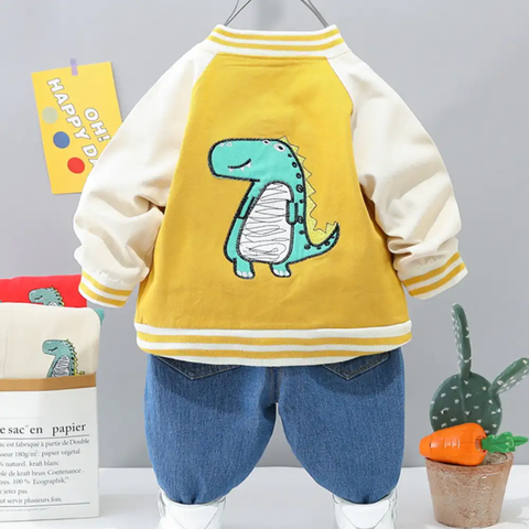 Kids Winter Full Sleeve Dinosaur T-shirt with Jacket & Jeans Pant 3 Piece Party Dress for Boys