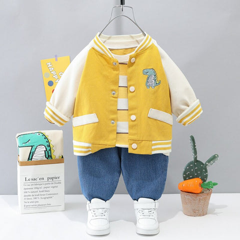 Kids Winter Full Sleeve Dinosaur T-shirt with Jacket & Jeans Pant 3 Piece Party Dress for Boys