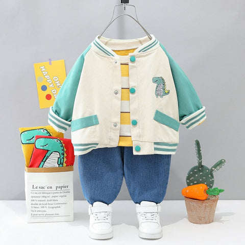 Kids Winter Full Sleeve Dinosaur T-shirt with Jacket & Jeans Pant 3 Piece Party Dress for Boys