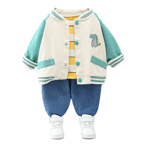 Kids Winter Full Sleeve Dinosaur T-shirt with Jacket & Jeans Pant 3 Piece Party Dress for Boys