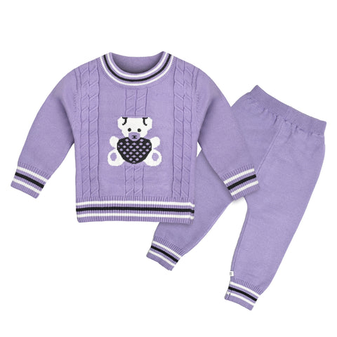 Kid's Cartoon Bear Knitted Warm Woolen Sweater Tshirt and Joggers Pant Winter Co-ord Set