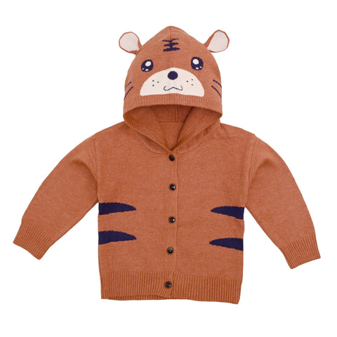 Kid's Jungle Animal Warm Wool Knitted Front Open Hoodie Sweater Cardigan