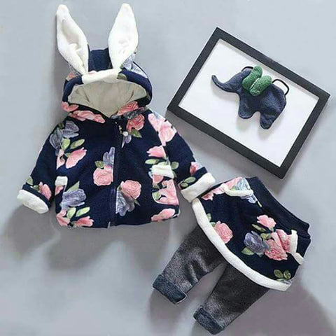 Girl's Floral Print Winter Party Fur Coat Jacket Sweatshirt Hoodie and Legging with Attached Skirt