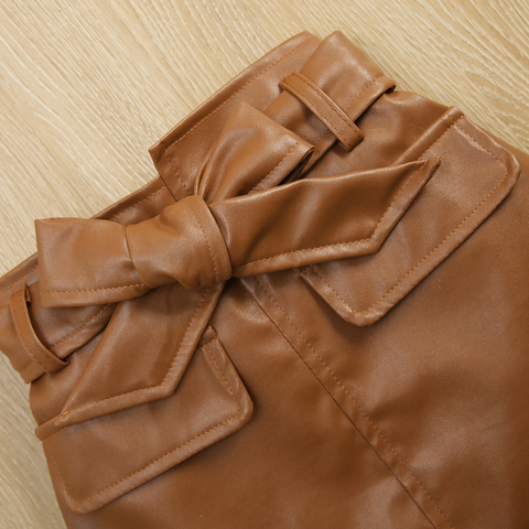 Girl's Full Sleeve Cotton Rib Top & PU Leather Skirt with matching Belt Midi Dress