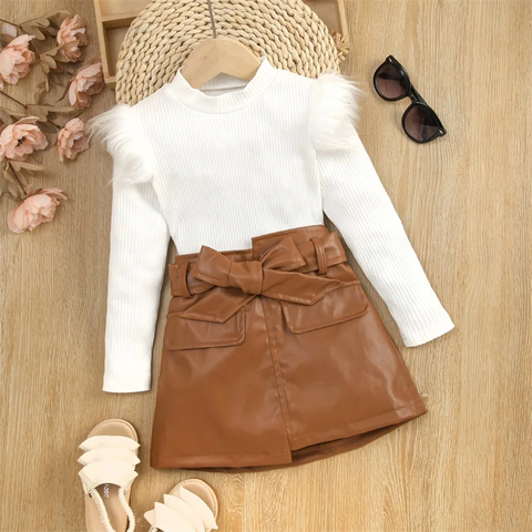 Girl's Full Sleeve Cotton Rib Top & PU Leather Skirt with matching Belt Midi Dress