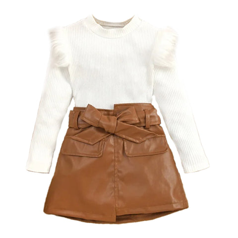 Girl's Full Sleeve Cotton Rib Top & PU Leather Skirt with matching Belt Midi Dress