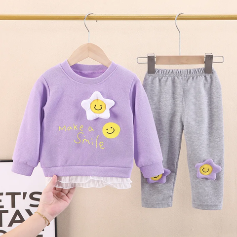 Full Length Girl's Layered Sweatshirt Top and Jogger Leggings with Happy Face Flower Patch