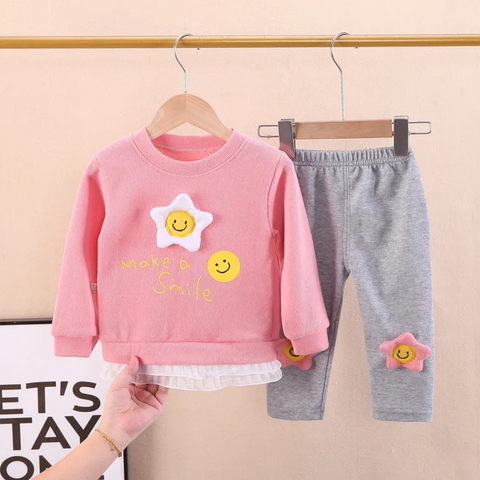 Full Length Girl's Layered Sweatshirt Top and Jogger Leggings with Happy Face Flower Patch