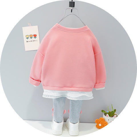 Full Length Girl's Layered Sweatshirt Top and Jogger Leggings with Happy Face Flower Patch