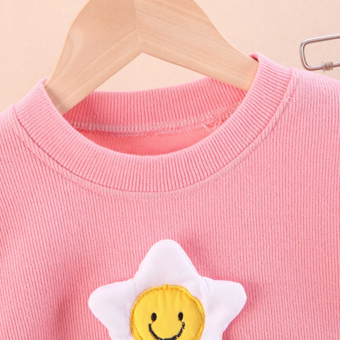 Full Length Girl's Layered Sweatshirt Top and Jogger Leggings with Happy Face Flower Patch