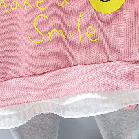 Full Length Girl's Layered Sweatshirt Top and Jogger Leggings with Happy Face Flower Patch