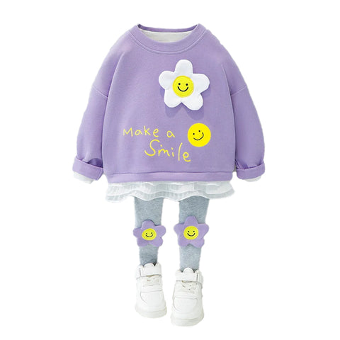 Full Length Girl's Layered Sweatshirt Top and Jogger Leggings with Happy Face Flower Patch