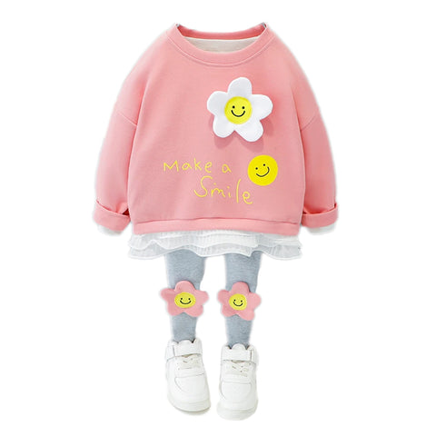 Full Length Girl's Layered Sweatshirt Top and Jogger Leggings with Happy Face Flower Patch
