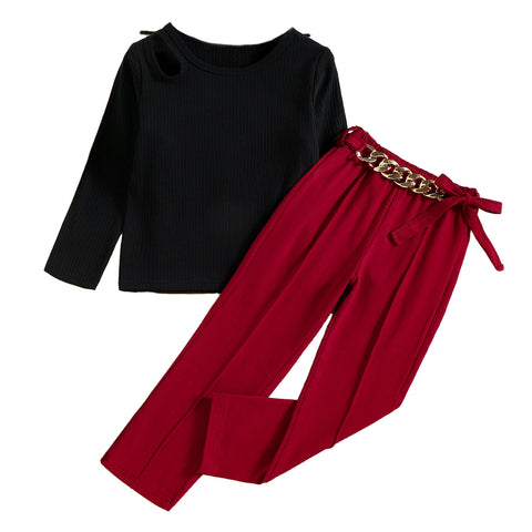 Girl Full Sleeve Luxury Top & Pants with stylish gold link waistline Party Dress Set