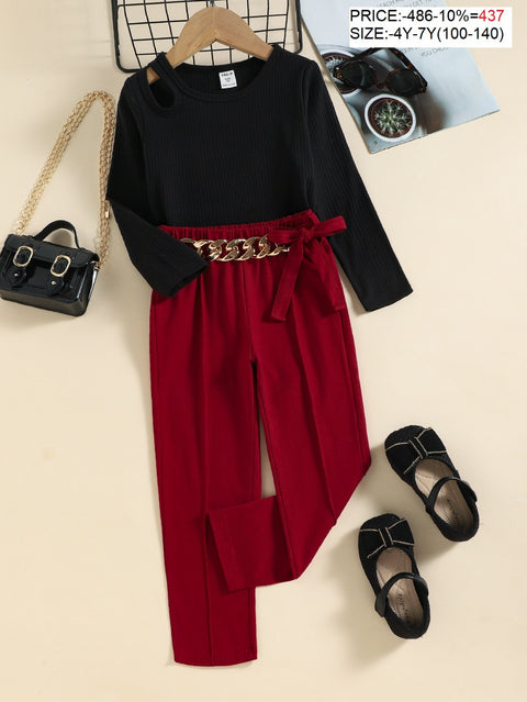 Girl Full Sleeve Luxury Top & Pants with stylish gold link waistline Party Dress Set