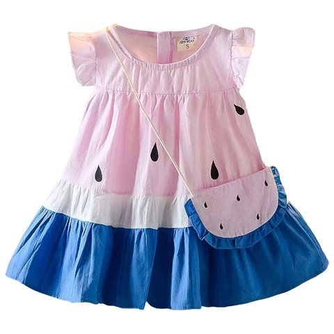 One in Melon Girls Cap Sleeve Cotton Flared Dress Frock with Matching Bag for Infant Toddler Baby Girls