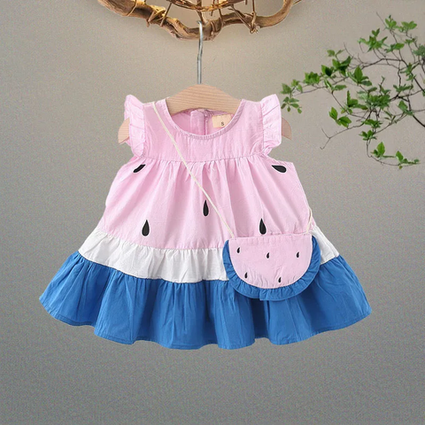 One in Melon Girls Cap Sleeve Cotton Flared Dress Frock with Matching Bag for Infant Toddler Baby Girls