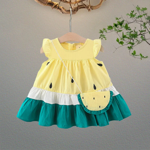One in Melon Girls Cap Sleeve Cotton Flared Dress Frock with Matching Bag for Infant Toddler Baby Girls