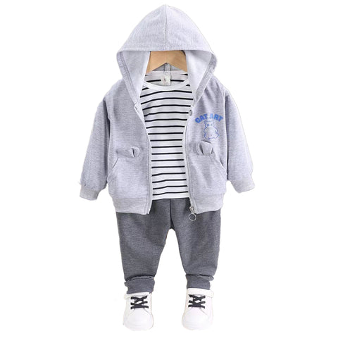 Kid's Classy Solid Stripe Print T-shirt with Hood Jacket & Jogger Pants Sets