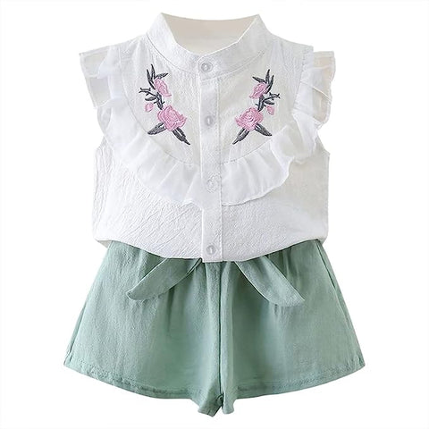 Flower Embroidered Cotton Sleeveless Ruffle Top and Shorts Clothing Set for Infant Toddler Baby Girl