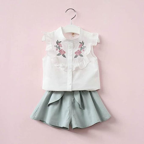 Flower Embroidered Cotton Sleeveless Ruffle Top and Shorts Clothing Set for Infant Toddler Baby Girl
