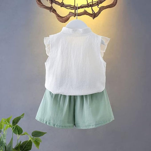 Flower Embroidered Cotton Sleeveless Ruffle Top and Shorts Clothing Set for Infant Toddler Baby Girl