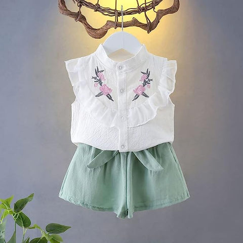Flower Embroidered Cotton Sleeveless Ruffle Top and Shorts Clothing Set for Infant Toddler Baby Girl