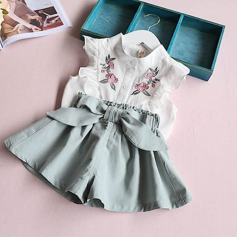 Flower Embroidered Cotton Sleeveless Ruffle Top and Shorts Clothing Set for Infant Toddler Baby Girl