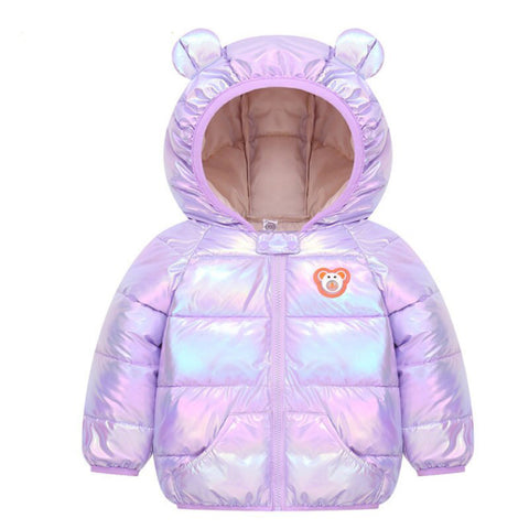 Kids Cartoon LED Light Patch Shiny Sparkling Quilted Winter Kid's Warm Hood Puffer Bomber Jacket for Infant Toddler Boys & Girls