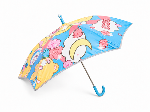 Kids Random Print Light-Blue Umbrella with Safe Rounded Edge & Rolling Wheel
