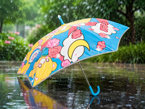 Kids Random Print Light-Blue Umbrella with Safe Rounded Edge & Rolling Wheel