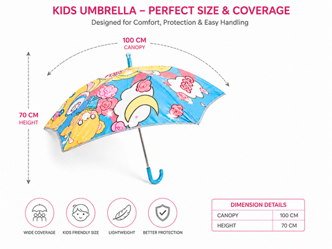 Kids Random Print Light-Blue Umbrella with Safe Rounded Edge & Rolling Wheel